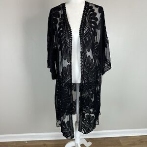 Top Womens M Black Lace Kimono Whimsigoth Witch Romantic Folk Embroidered Boho